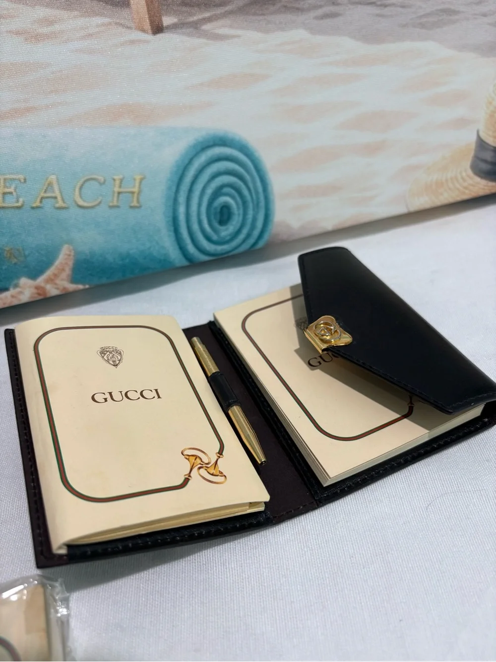 Authentic Vintage Gucci Black Leather Address Book Notebook Pen Set with Box new